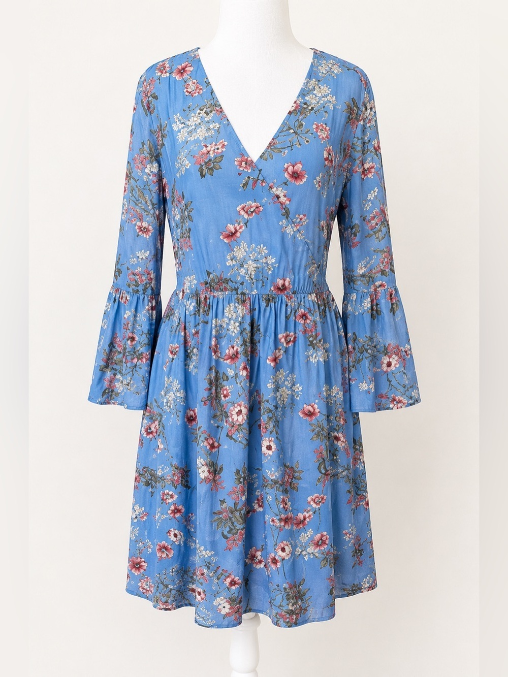 Kori America • Boutique Blue Floral Bell Sleeve Boho Prairie Dress • Size M NWT